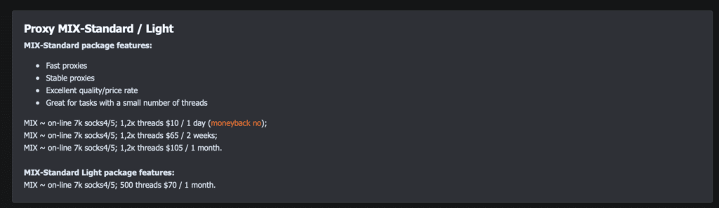 AffDays the proxy cost In the tariff builder