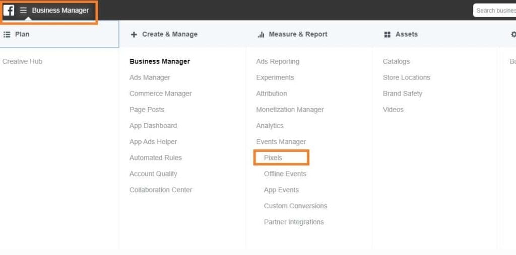 Add facebook pixel business manager menu