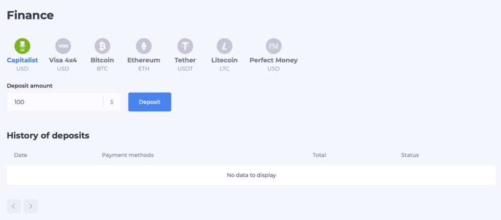 finance page where you can top up your account