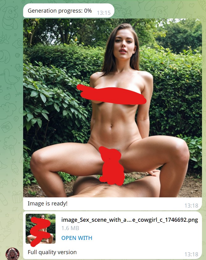 the result of the nude AI generation by the ai girls telegram bot