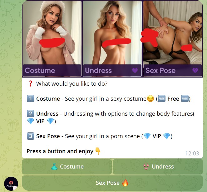 poses and costumes options in clothoff
