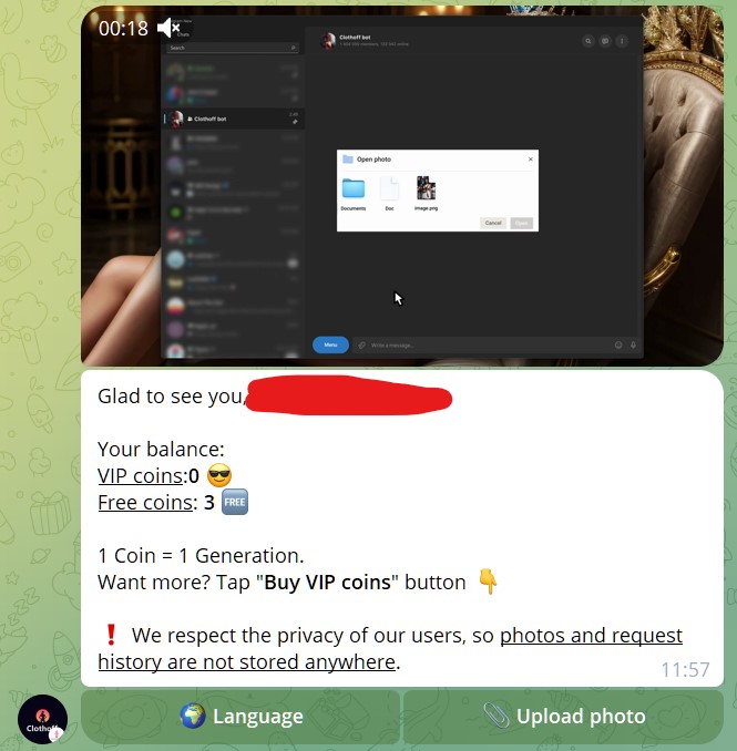 interface of the clothoff telegram bot