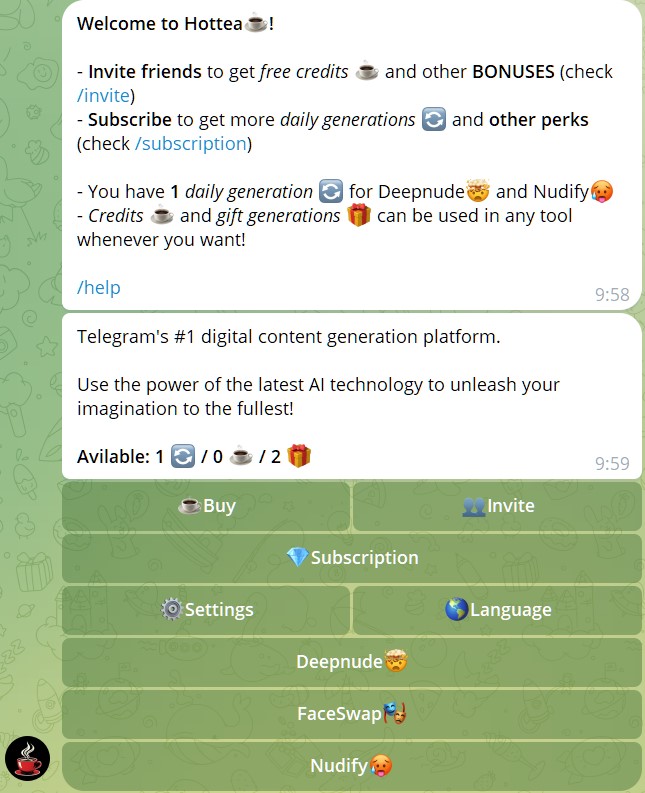 hottea telegram bot greeting message
