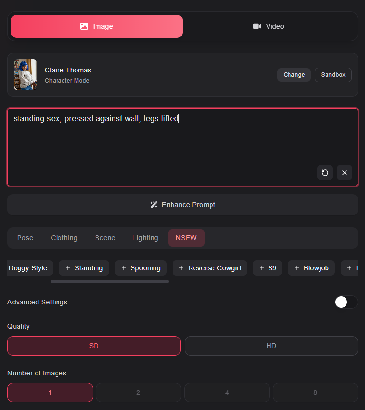 generation page with prompts and other functions