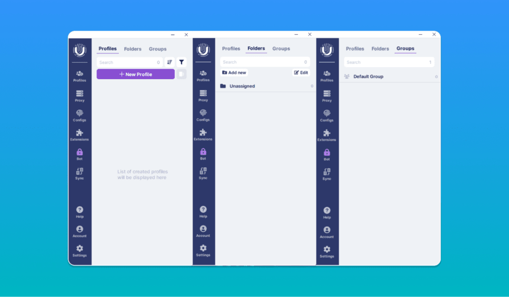 AffDays 'Profiles', 'Folders', 'Groups' tabs