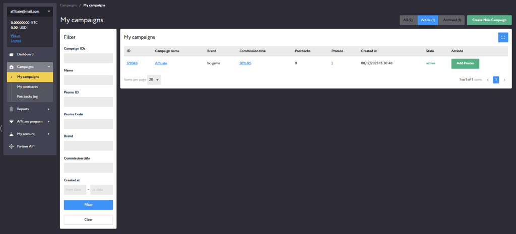 my campaigns section