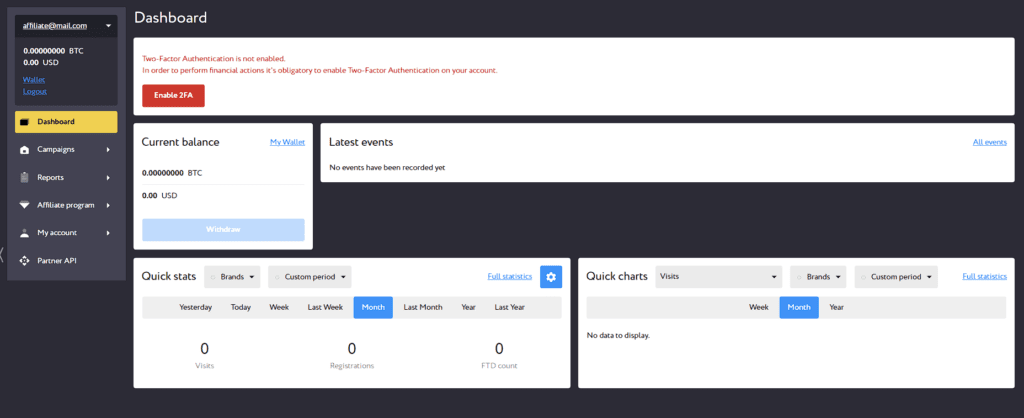 dashboard of the bc game affiliate program