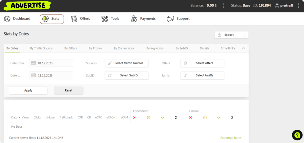 stats by dates section