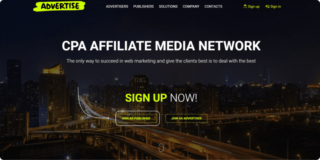 homepage of the Advertise.net affiliate Network