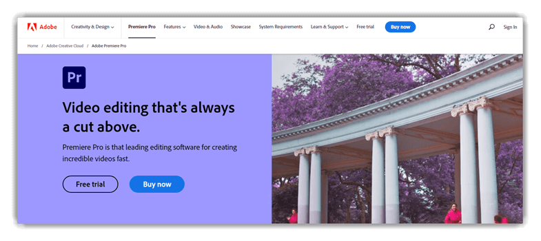 El sitio web de Adobe Premiere Pro CC con la opción de empezar a usar el servicio