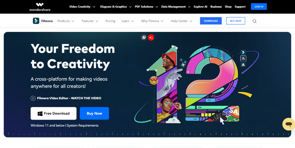 La página principal de Wondershare Filmora donde se puede descargar la aplicación