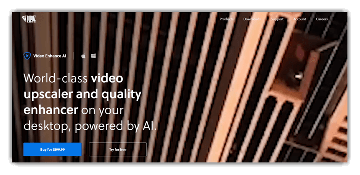El sition web de Topaz Video Enhance AI donde se puede descargar la versión de prueba gratuita o comprar el programa.