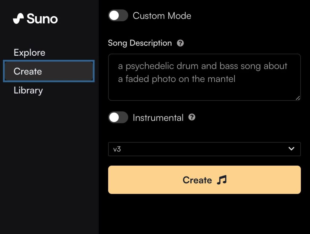 Suno AI Tool Music and Vocals Generation 2024'create' section