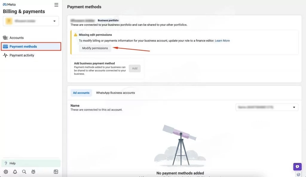 11 Ways to Link a Payment Card to Facebook Ads 2024'modify permissions' button