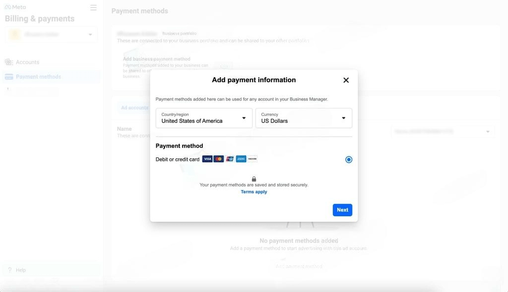 11 Ways to Link a Payment Card to Facebook Ads 2024'add payment information' window