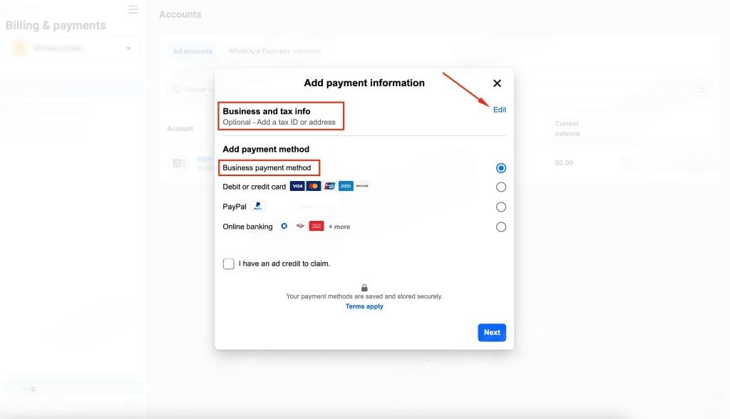11 Ways to Link a Payment Card to Facebook Ads 2024'add payment information' window