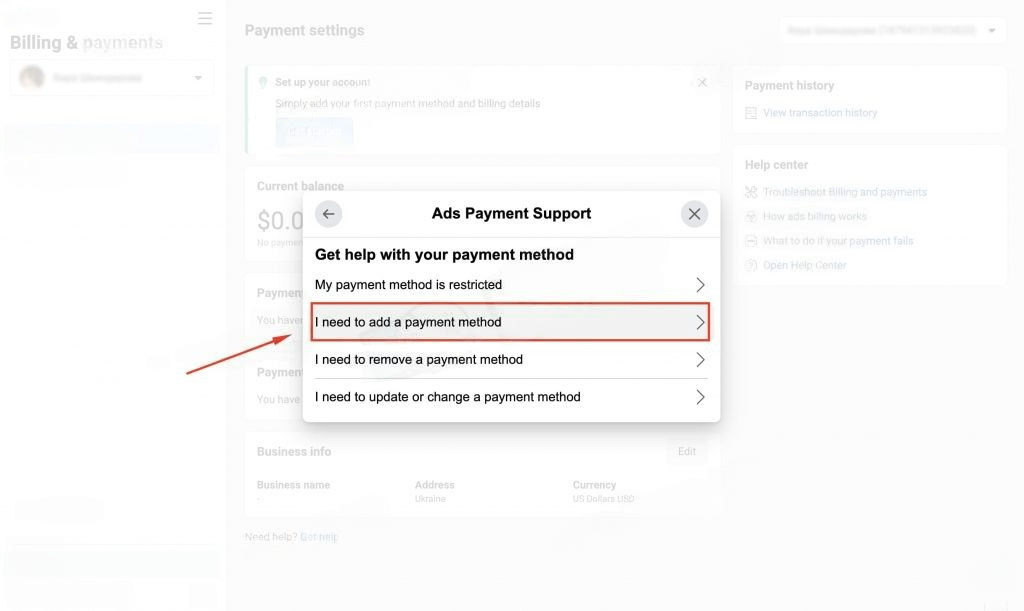 11 Ways to Link a Payment Card to Facebook Ads 2024'ads payment support' window