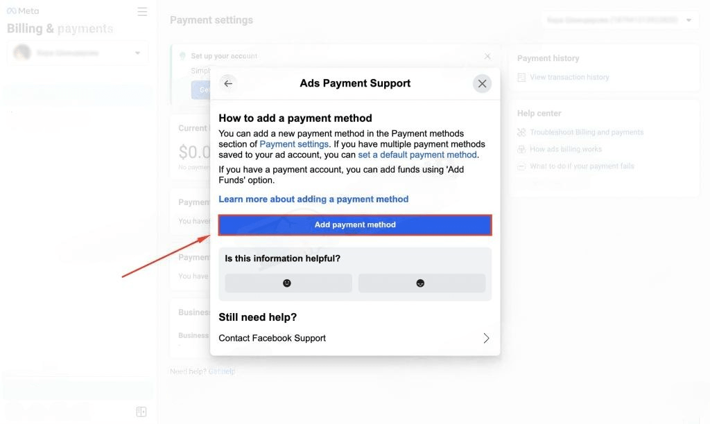 11 Ways to Link a Payment Card to Facebook Ads 2024'ads payment support' window