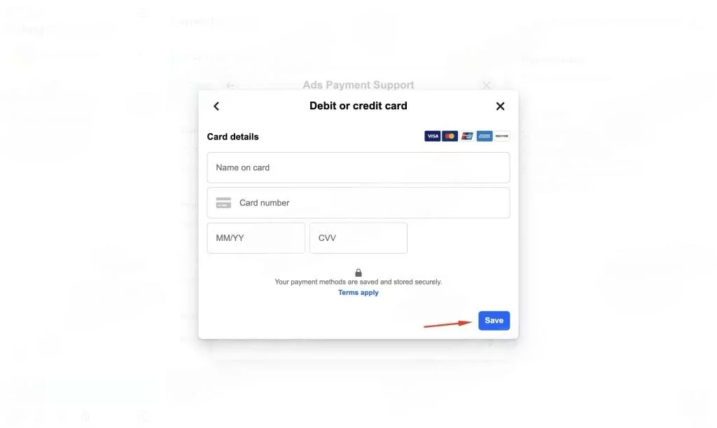 11 Ways to Link a Payment Card to Facebook Ads 2024'debit or credit card' window