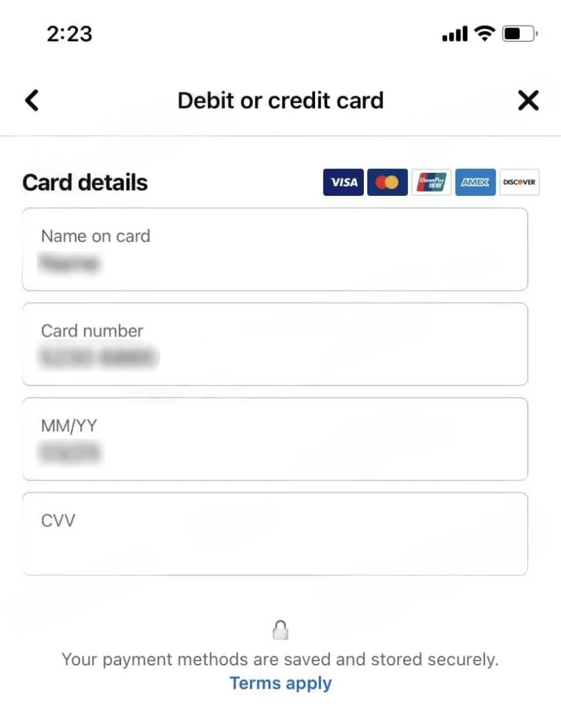 11 Ways to Link a Payment Card to Facebook Ads 2024'debit or credit card' section