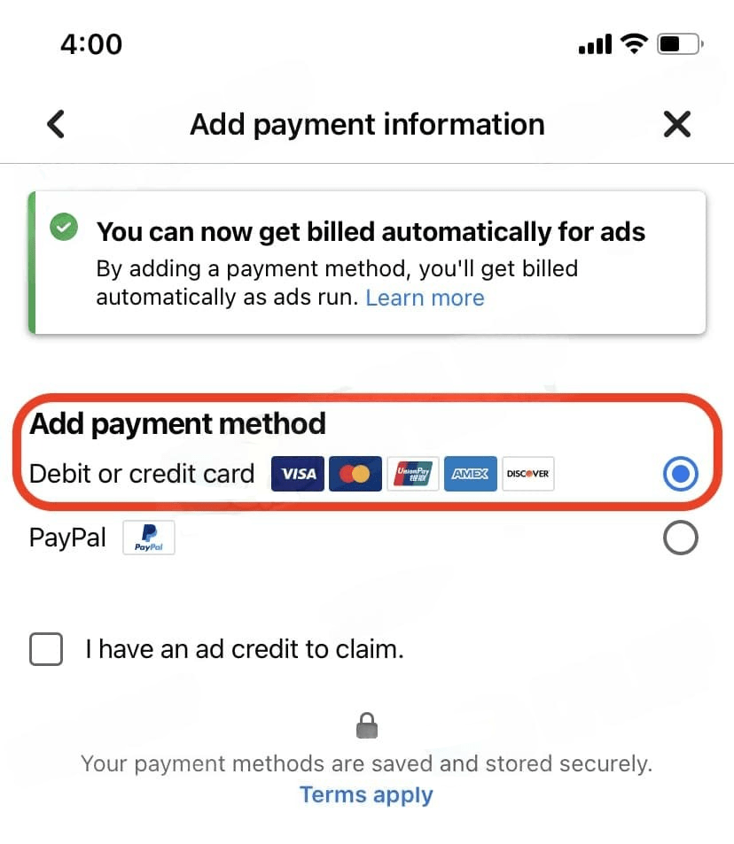 11 Ways to Link a Payment Card to Facebook Ads 2024'add payment method' button