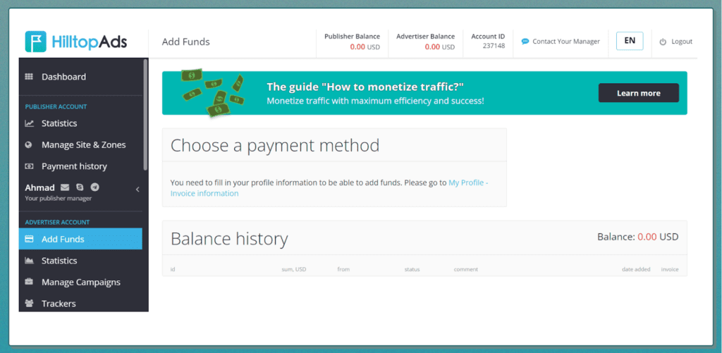 adding funds in the advertiser's account