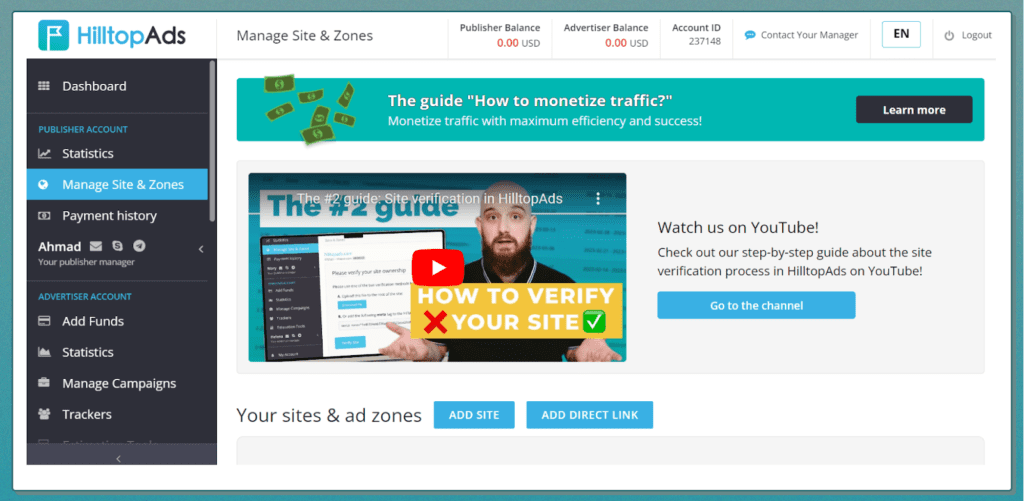 manage site & zones tab