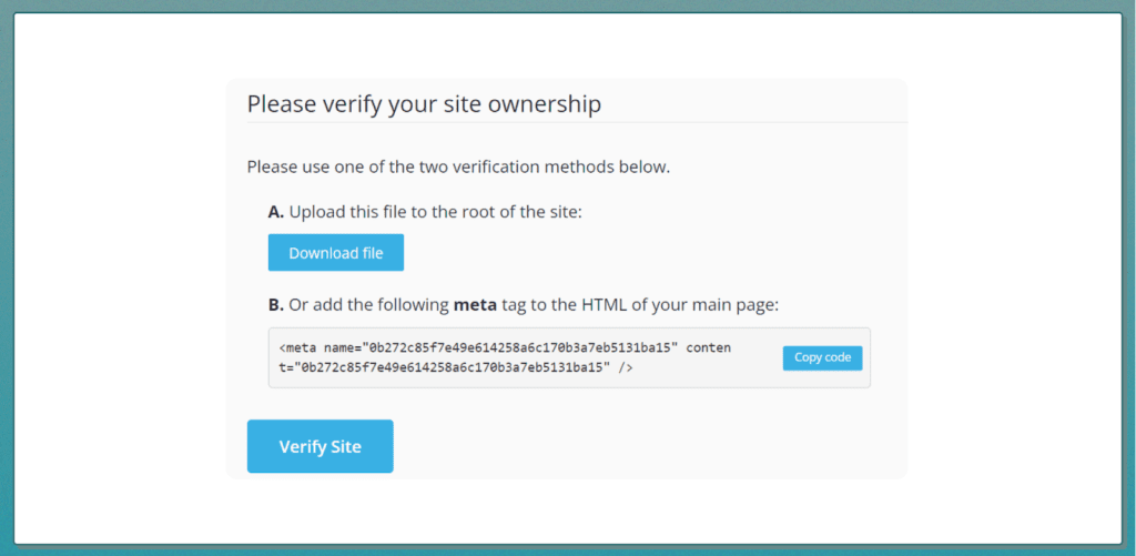 a tab to verity your site ownership