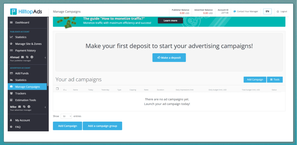 a tab to manage campaigns for advertisers
