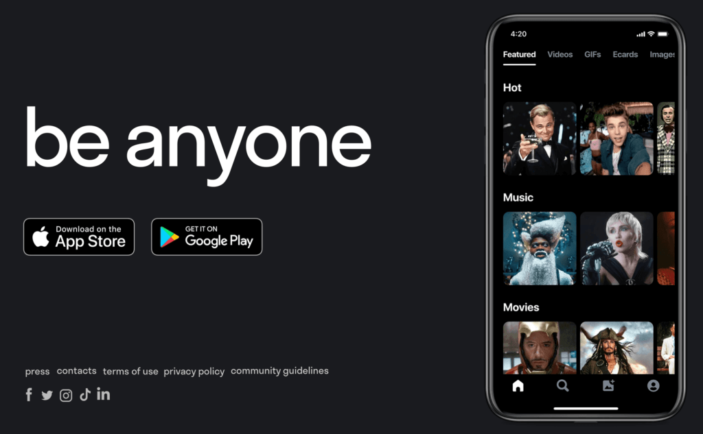 La página principal de Reface un generador de deepfakes.