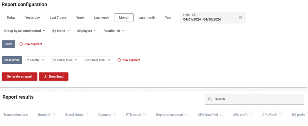 AffDays report configuration tab