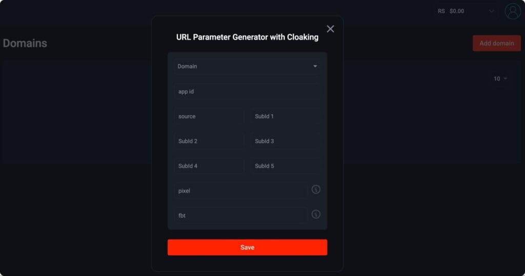 URL parameter generator tab where you can also add cloaking