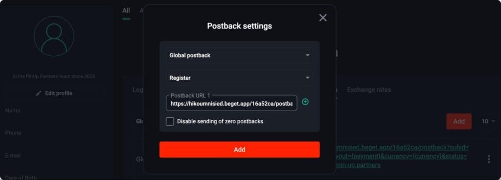 postback settings in the dashboard