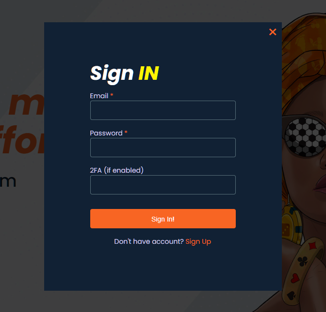A popup window for signing up 