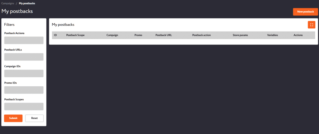 The "My Postbacks" section