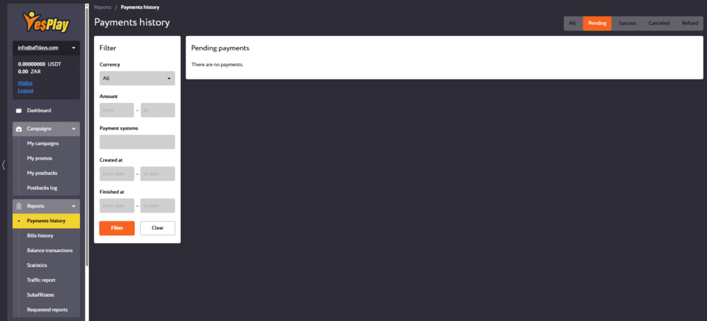 "Payments history" for checking reports on payment. 
