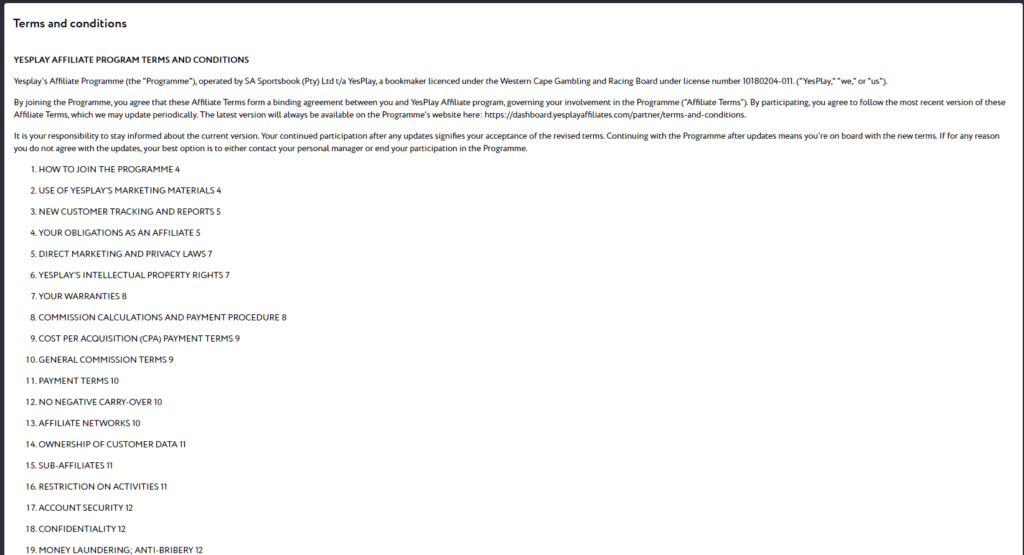 The Terms and Conditions tab