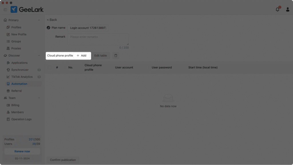 AffDays adding a cloud phone profile for tiktok automation