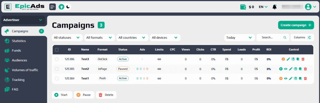 AffDays campaigns tab