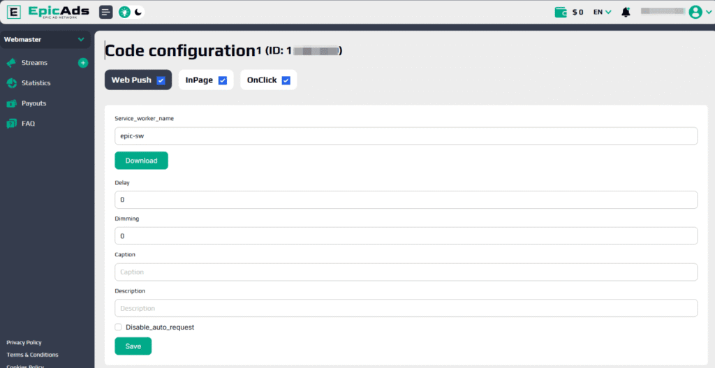 AffDays code configuration tab
