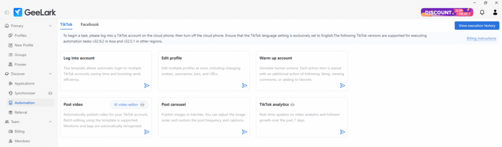 AffDays Automation tab for TikTok