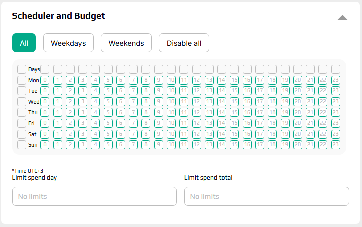 AffDays creating a new campaign and selecting schedule and budget