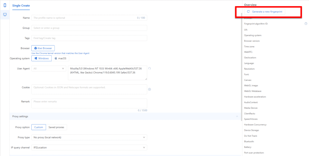 AffDays Single Create tab and the 'Generate a new fingerprint' button