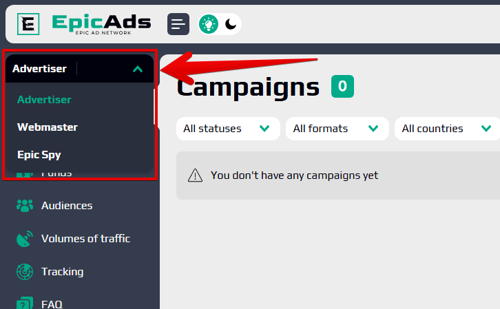 AffDays personal account and the tabs where you can choose your role