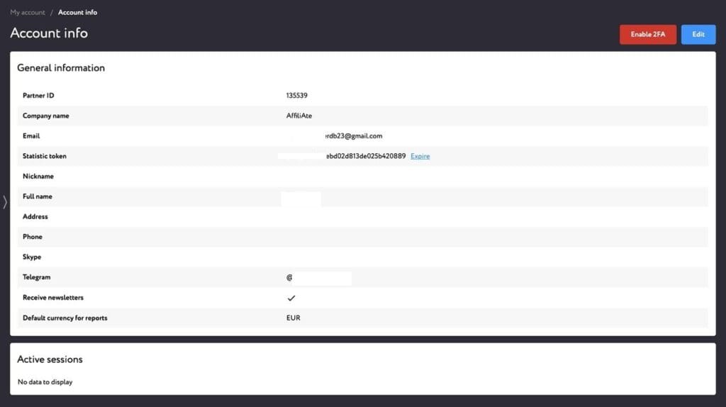 account info in the personal dashboard