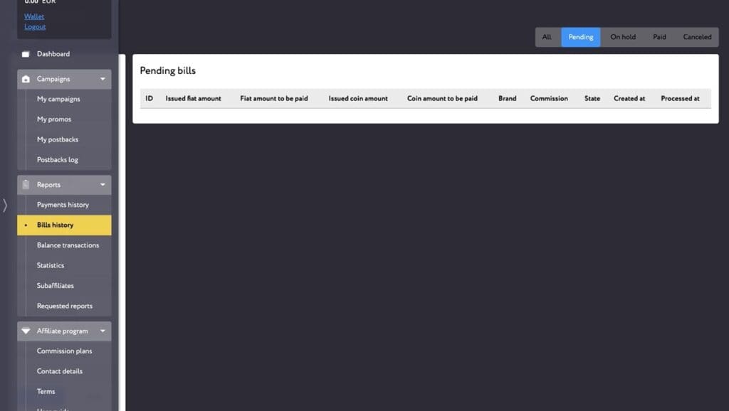 bills history of the personal dashboard