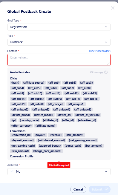 global postback setup process