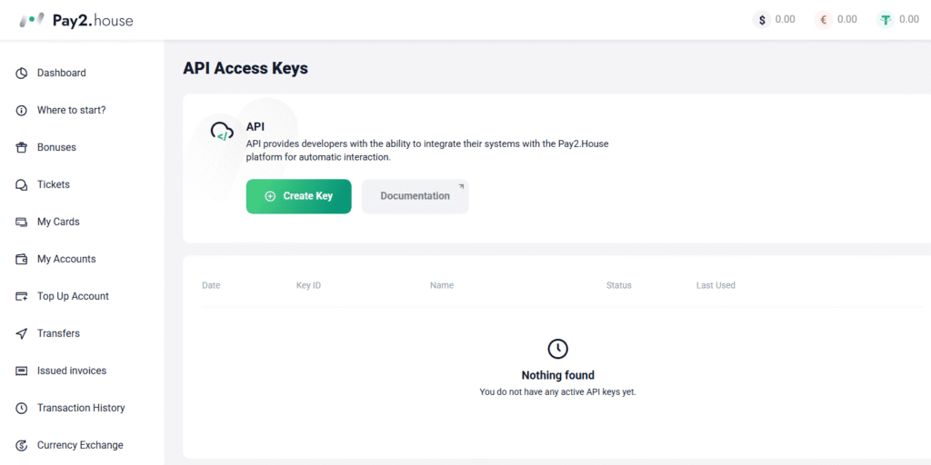 a tab with api access keys