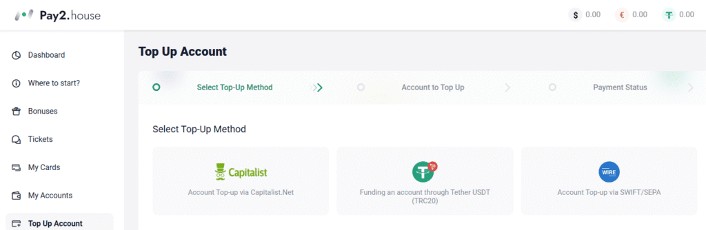 a section where you can top up your account
