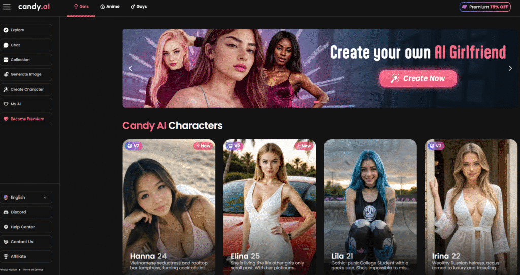 homepage of the candy ai girlfriend service